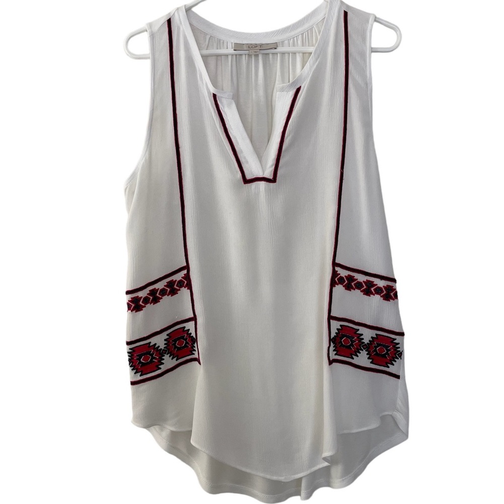 Ann Taylor LOFT Embroidered Split Neck Aztec Shell Top, Red/White/Blue - Picture 4 of 12